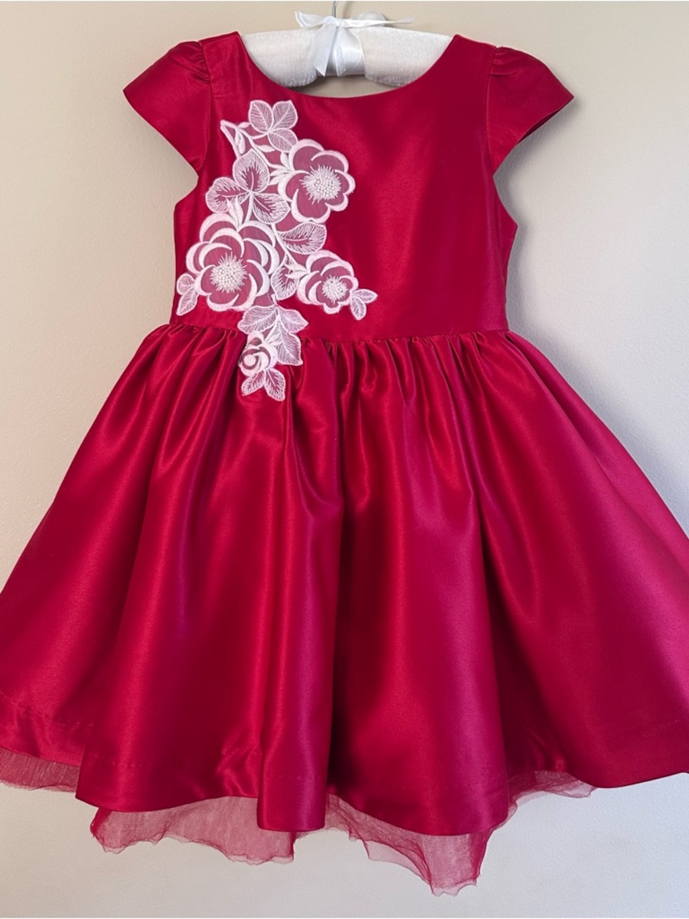 Janie and Jack 3T Toddler Girl Red Satin Dress White Floral Embroidered Party